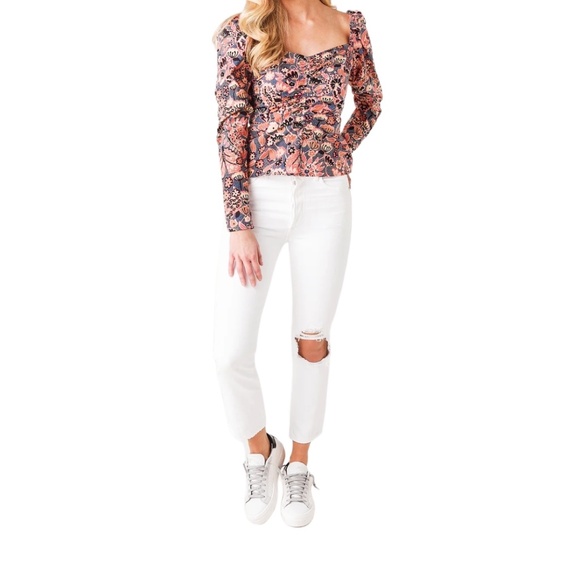 A.L.C. Chandler Floral Cotton Sweethear Top Dark Navy/Chestnut Size 4 - Picture 4 of 11